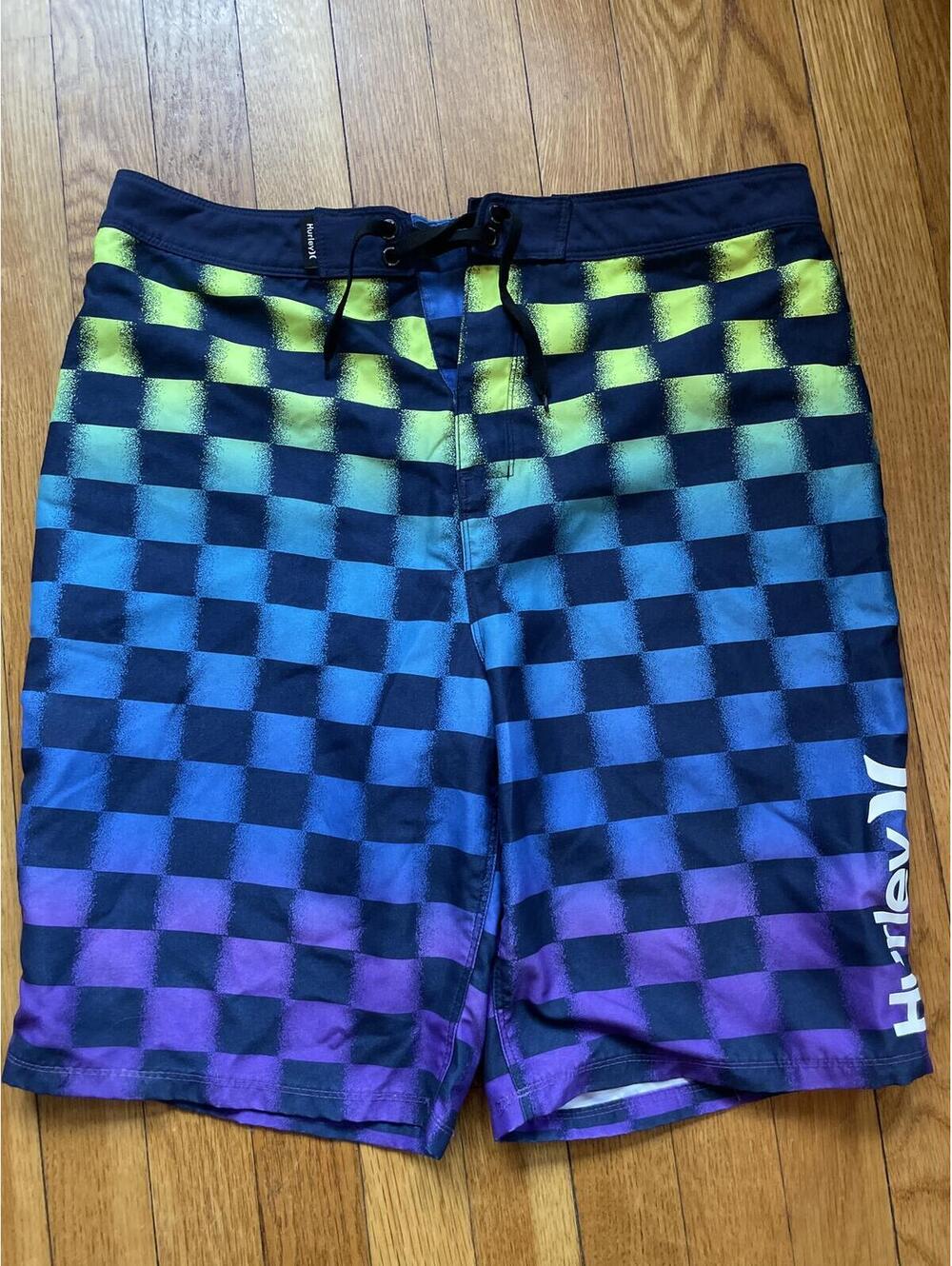 Hurley 30 Board Shorts Blue Purple Green Checkerboard Swim Surf Shorts 20" Beach